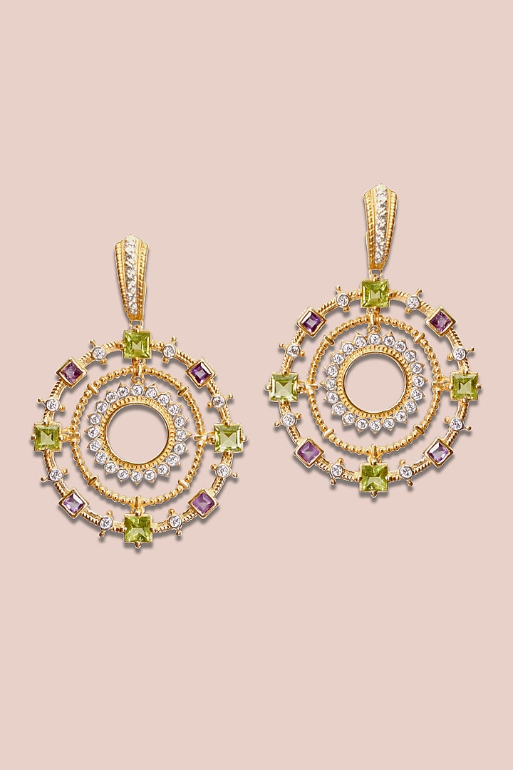 Gold Plated Amethyst & Peridot Dangler Earrings In Sterling Silver by RUUH STUDIOS at Pernia's Pop Up Shop