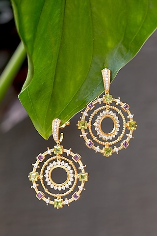 Gold Plated Amethyst & Peridot Dangler Earrings In Sterling Silver by RUUH STUDIOS
