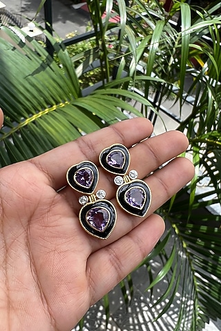 Gold Plated Amethyst & Moissanite Polki Dangler Earrings In Sterling Silver by RUUH STUDIOS