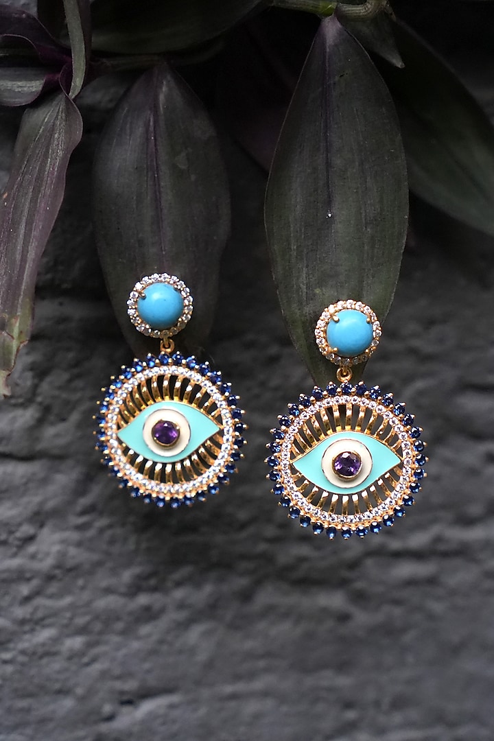 Gold Plated Turquoise Stone Enamel Dangler Earrings In Sterling Silver by RUUH STUDIOS