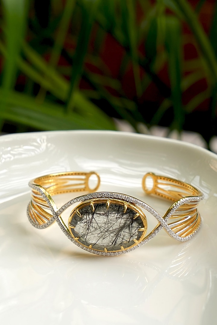 Gold Plated Black Rutile Quartz Cuff Bracelet In Sterling Silver by RUUH STUDIOS