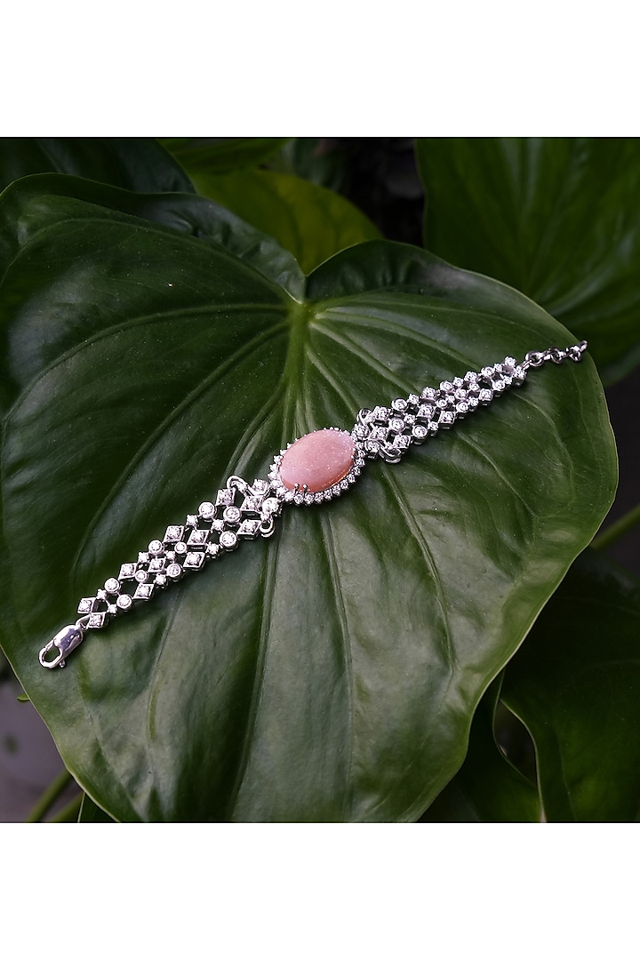 White Rhodium Finish Peach Moonstone Bracelet In Sterling Silver by RUUH STUDIOS