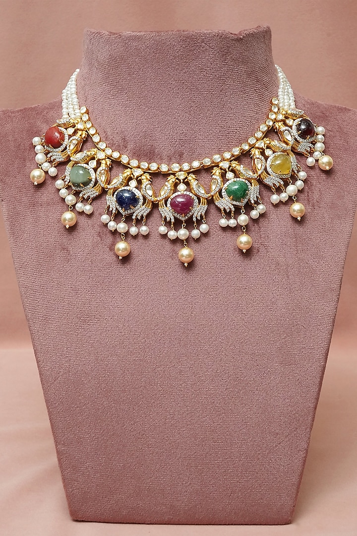 Gold Plated Navratna Necklace Set In Sterling Silver by RUUH STUDIOS