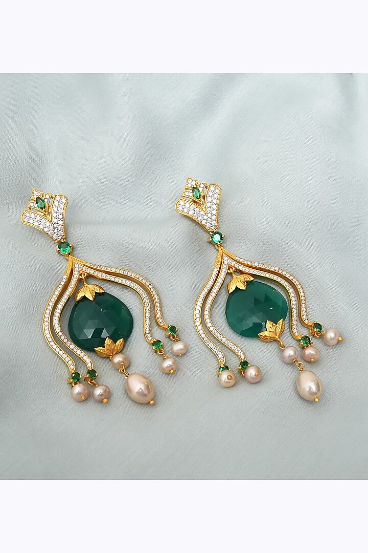 Gold Plated Green Onyx Dangler Earrings In Sterling Silver by RUUH STUDIOS