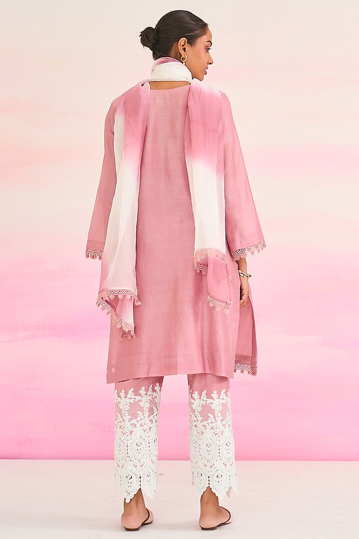 Pink Chanderi Hand Embroidered Kurta Set by Ruzhan at Pernia's Pop Up Shop