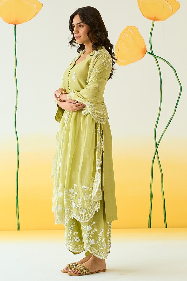 Pista Green Chanderi Hand Embroidered Kurta Set by Ruzhan at Pernia's Pop Up Shop