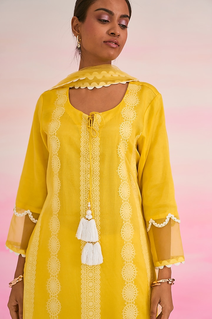 Yellow Organza Lace Embroidered Straight Kurta Set by Ruzhan at Pernia's Pop Up Shop
