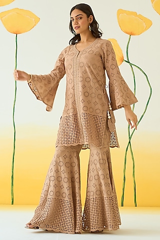 Beige Cotton Cutwork Gharara Set by Ruzhan