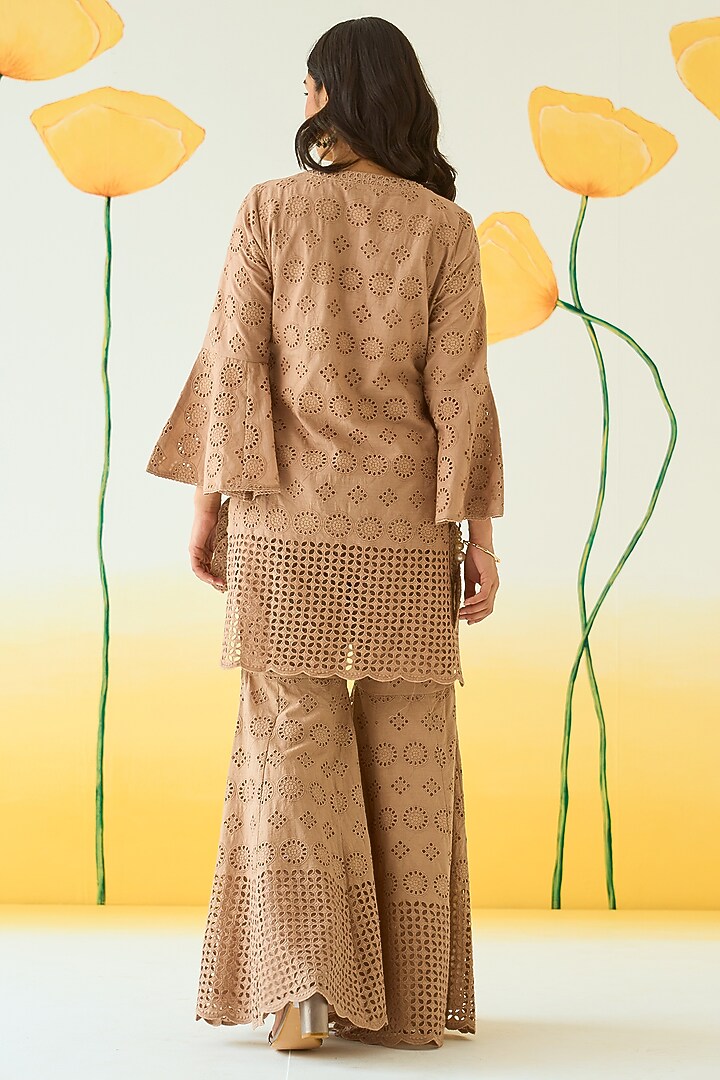 Beige Cotton Cutwork Gharara Set by Ruzhan at Pernia's Pop Up Shop