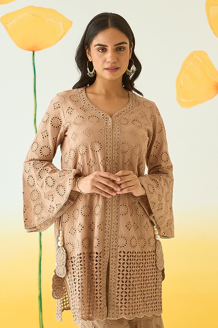 Beige Cotton Cutwork Gharara Set by Ruzhan at Pernia's Pop Up Shop