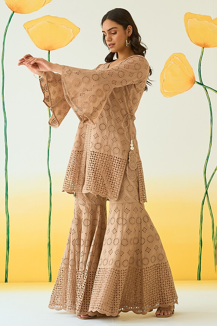 Beige Cotton Cutwork Gharara Set by Ruzhan at Pernia's Pop Up Shop