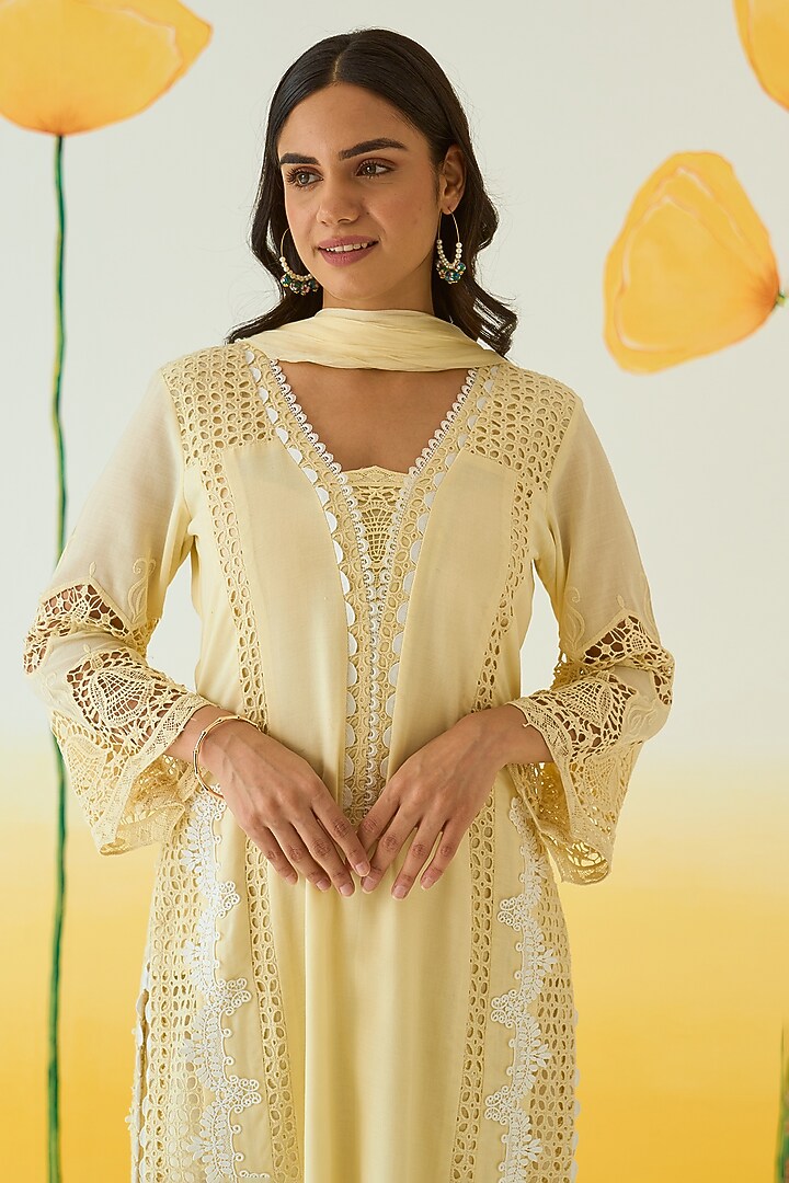 Lemon Cotton Double Layered Kurta Set by Ruzhan at Pernia's Pop Up Shop