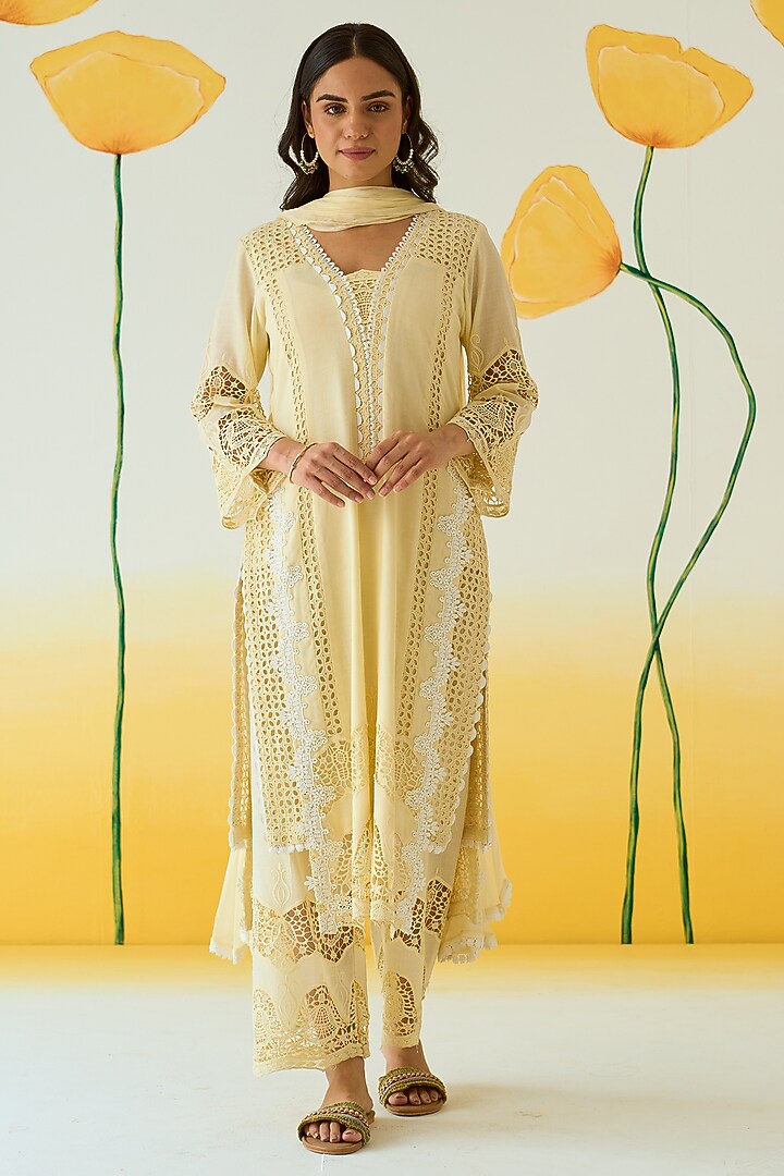 Lemon Cotton Double Layered Kurta Set by Ruzhan at Pernia's Pop Up Shop