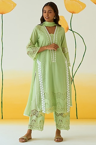 Green Cotton Double Layered Kurta Set by Ruzhan