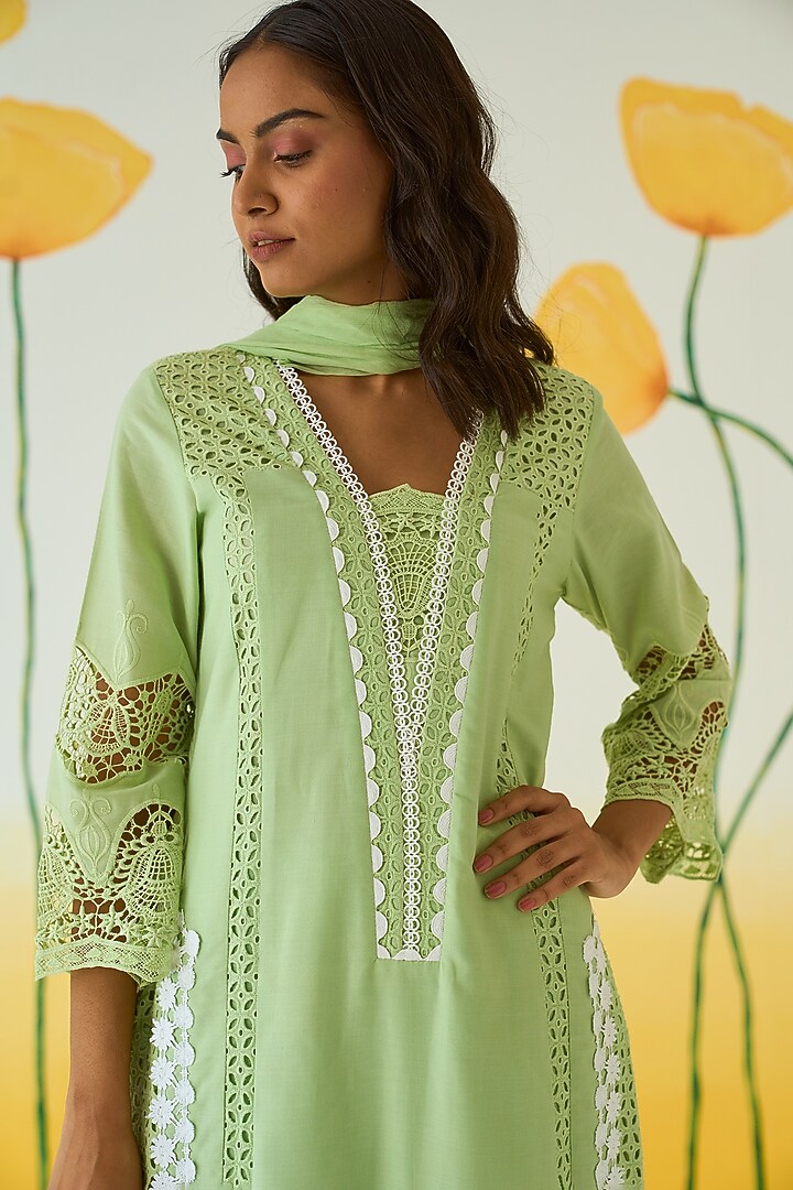 Green Cotton Double Layered Kurta Set by Ruzhan at Pernia's Pop Up Shop