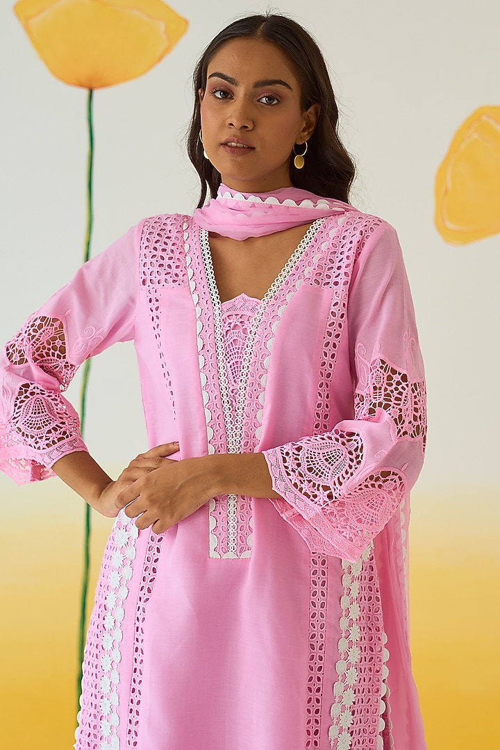 Pink Cotton Double Layered Kurta Set by Ruzhan at Pernia's Pop Up Shop