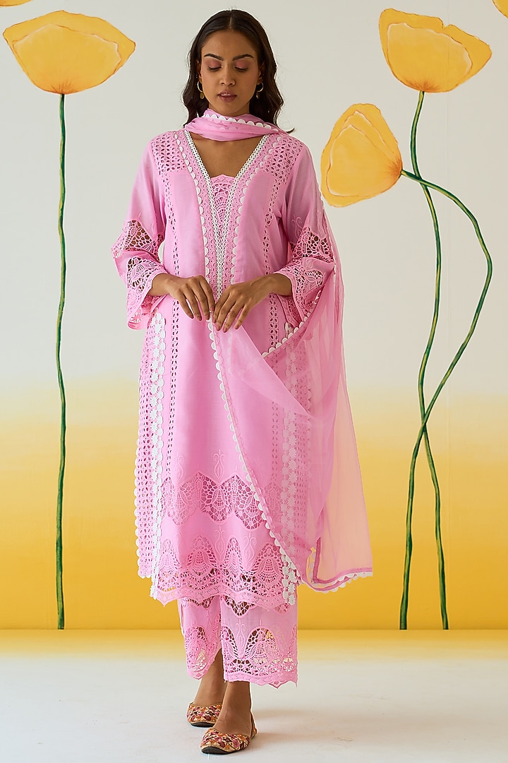 Pink Cotton Double Layered Kurta Set by Ruzhan at Pernia's Pop Up Shop