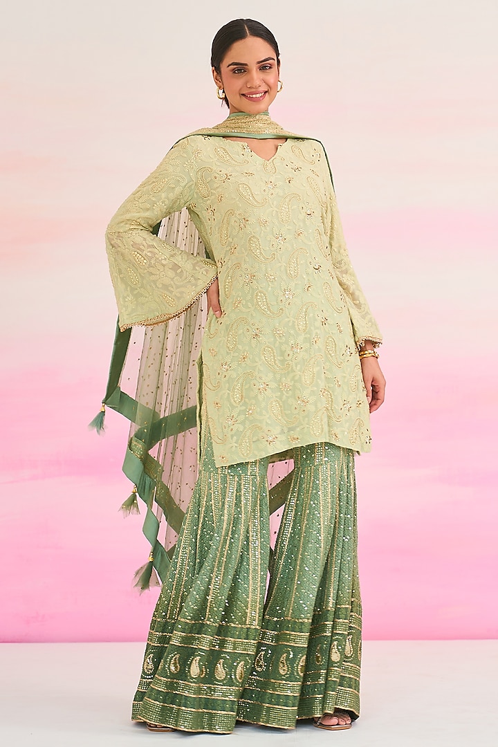 Green Georgette Hand Embroidered Sharara Set by Ruzhan