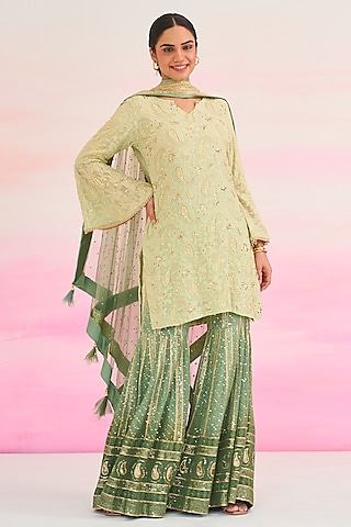 Green Georgette Hand Embroidered Sharara Set by Ruzhan