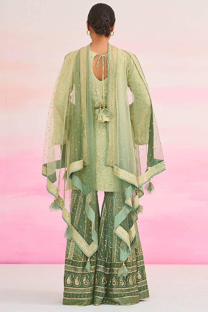 Green Georgette Hand Embroidered Party Wear Sharara Set by Ruzhan at Pernia's Pop Up Shop