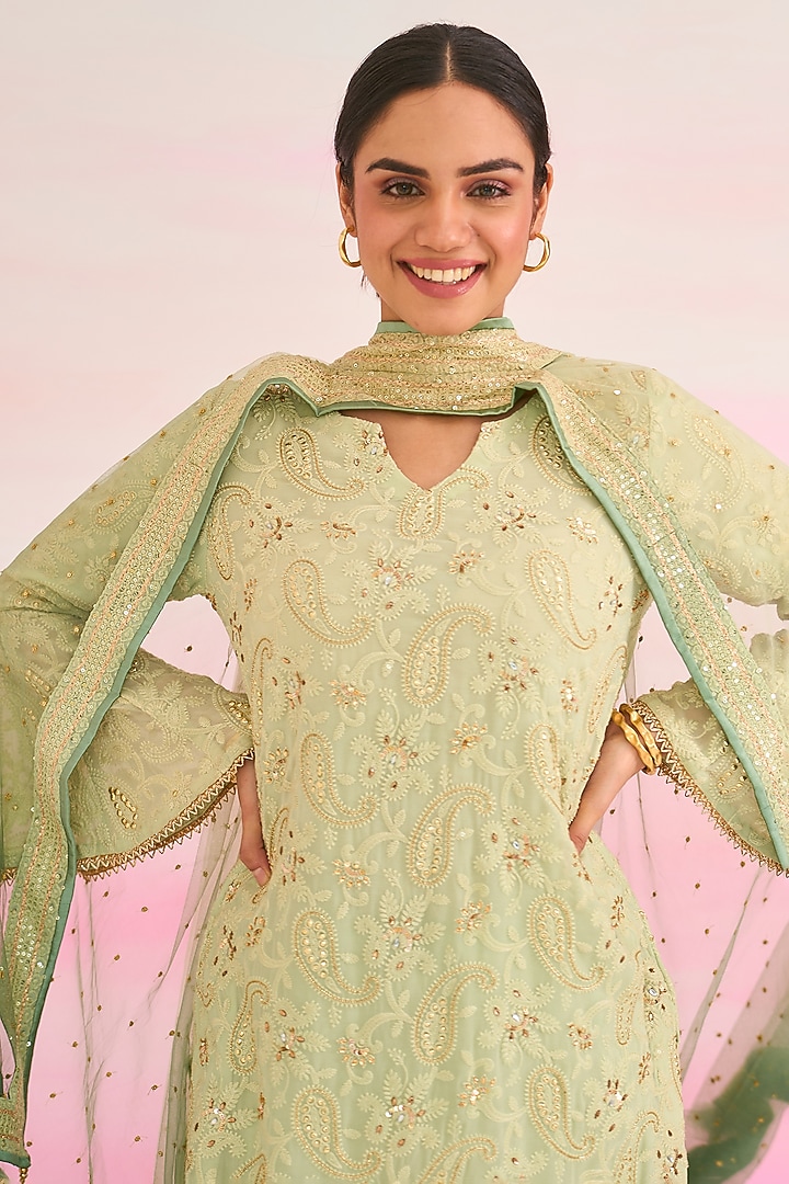 Green Georgette Hand Embroidered Party Wear Sharara Set by Ruzhan at Pernia's Pop Up Shop