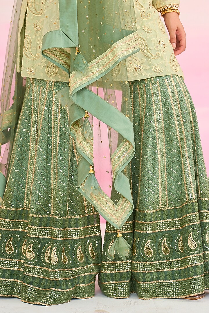 Green Georgette Hand Embroidered Party Wear Sharara Set by Ruzhan at Pernia's Pop Up Shop
