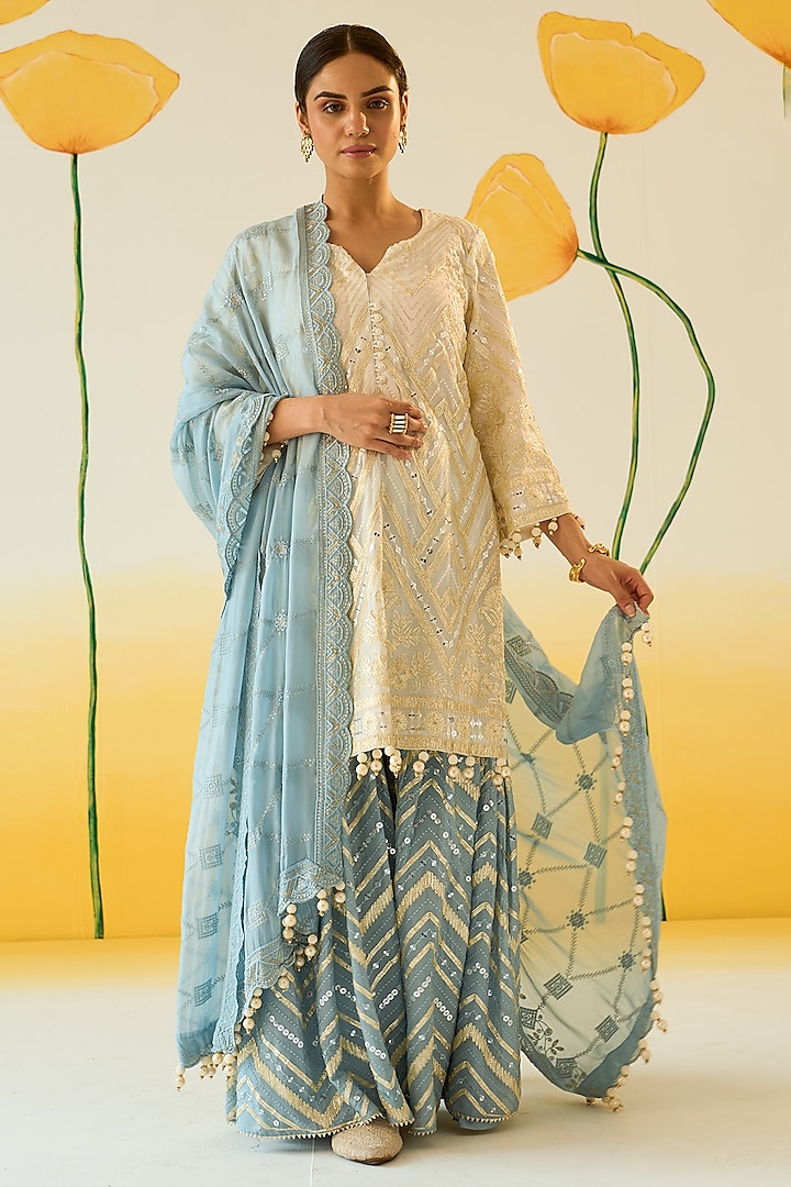 Blue Georgette Hand Embroidered Sharara Set by Ruzhan