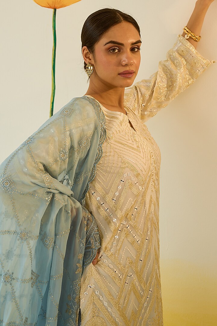 Blue Georgette Hand Embroidered Party Wear Sharara Set by Ruzhan at Pernia's Pop Up Shop