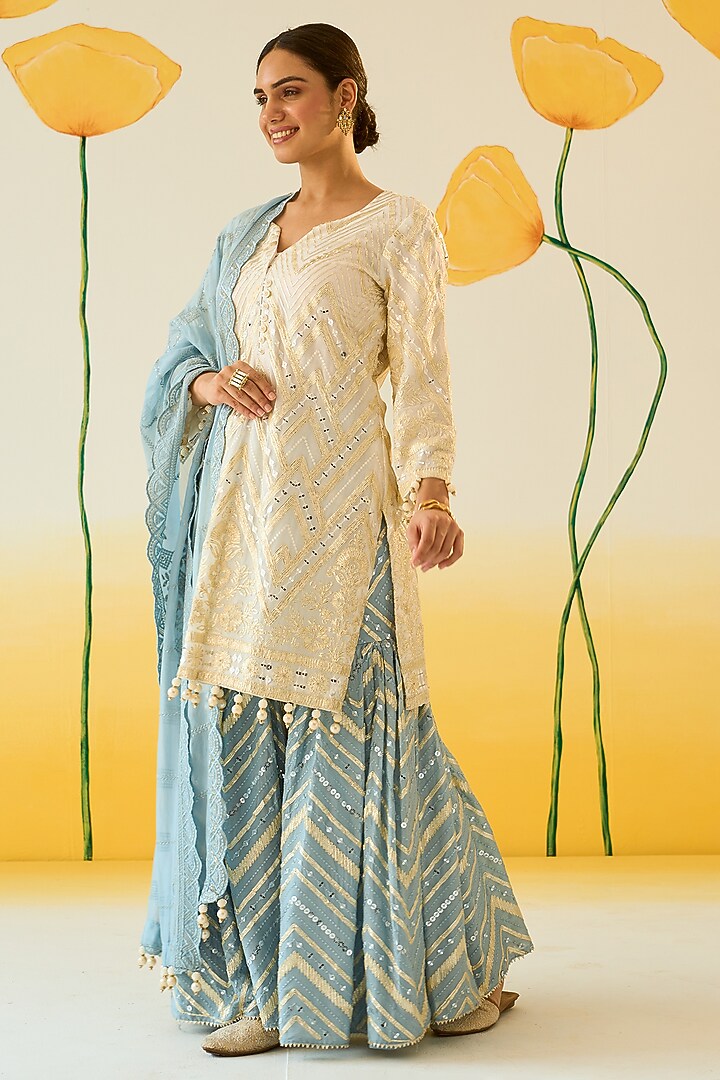 Blue Georgette Hand Embroidered Party Wear Sharara Set by Ruzhan at Pernia's Pop Up Shop