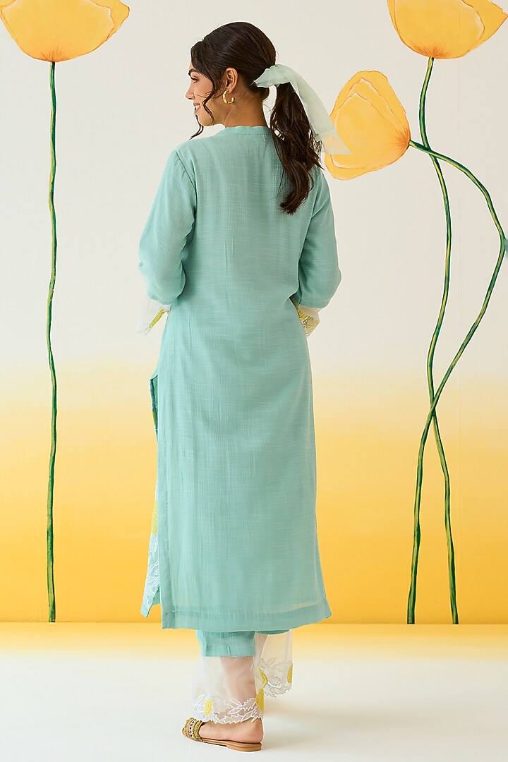 Blue Linen Georgette Applique Kurta Set by Ruzhan at Pernia's Pop Up Shop