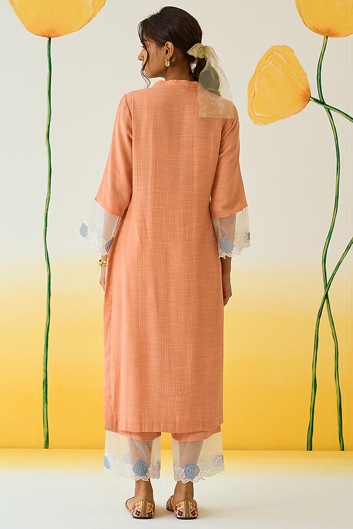 Rose Peach Linen Georgette Applique Kurta Set by Ruzhan at Pernia's Pop Up Shop