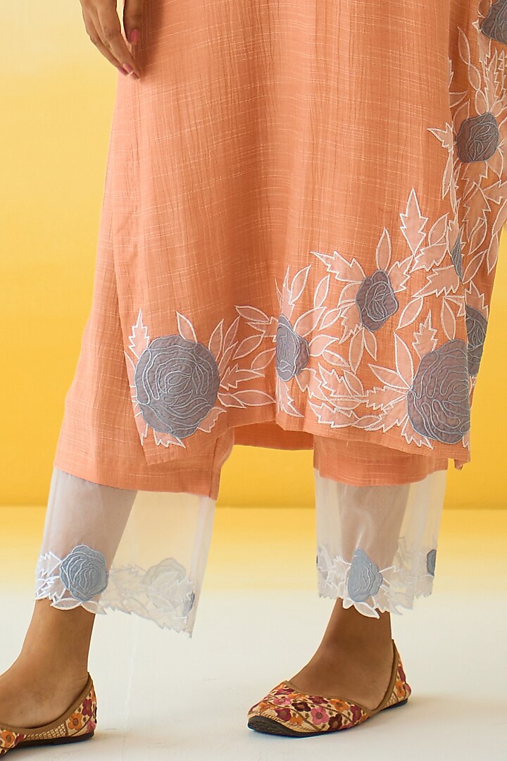 Rose Peach Linen Georgette Applique Kurta Set by Ruzhan at Pernia's Pop Up Shop