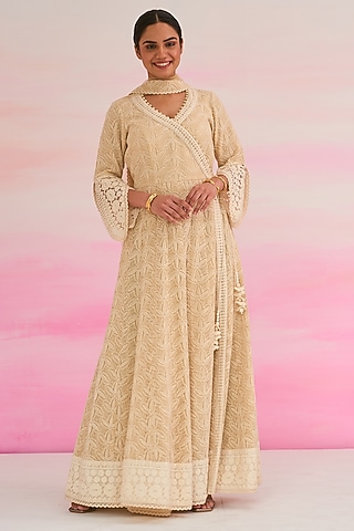 Off-White Kota Cotton Hand Embroidered Anarkali Set by Ruzhan