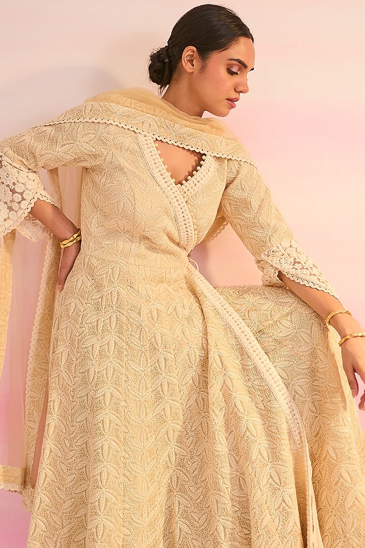 Off-White Kota Cotton Hand Embroidered Anarkali Set by Ruzhan at Pernia's Pop Up Shop