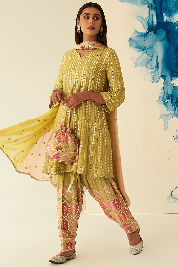 Lime Green Georgette Mirror Embroidered Kurta Set by Ruzhan
