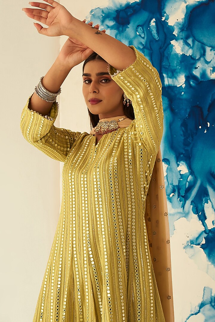 Lime Green Georgette Mirror Embroidered Kurta Set by Ruzhan at Pernia's Pop Up Shop