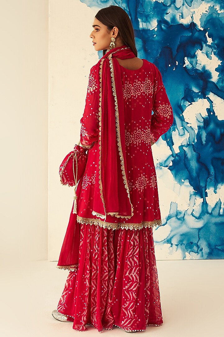 Red Georgette Digital Printed Gharara Set by Ruzhan at Pernia's Pop Up Shop