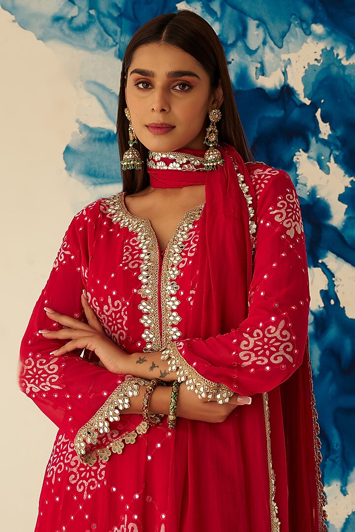 Red Georgette Digital Printed Gharara Set by Ruzhan at Pernia's Pop Up Shop