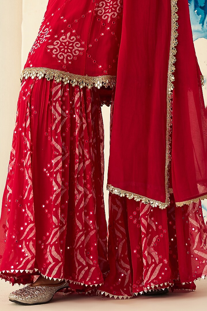 Red Georgette Digital Printed Gharara Set by Ruzhan at Pernia's Pop Up Shop
