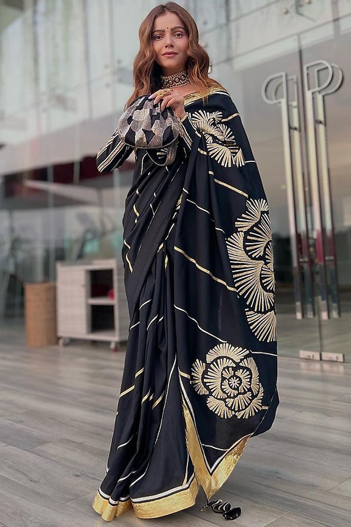 Black Chanderi Silk Embellished Saree Set by Gulabo By Abu Sandeep