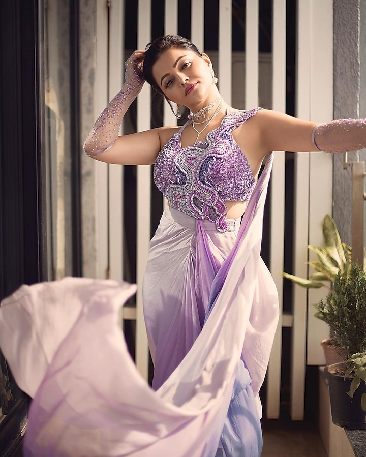 Light Lilac Ombre Paper Silk Draped Skirt Saree Set by Q by Sonia Baderia