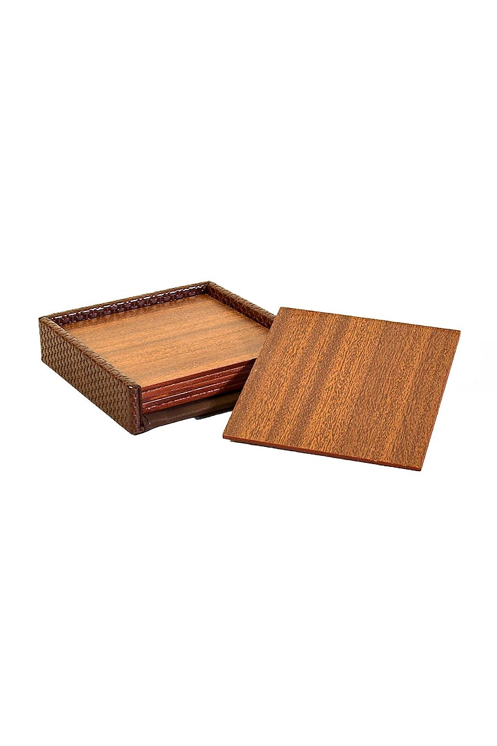 Brown Faux Leather & Wood Square Coaster (Set of 6) by ICHKAN