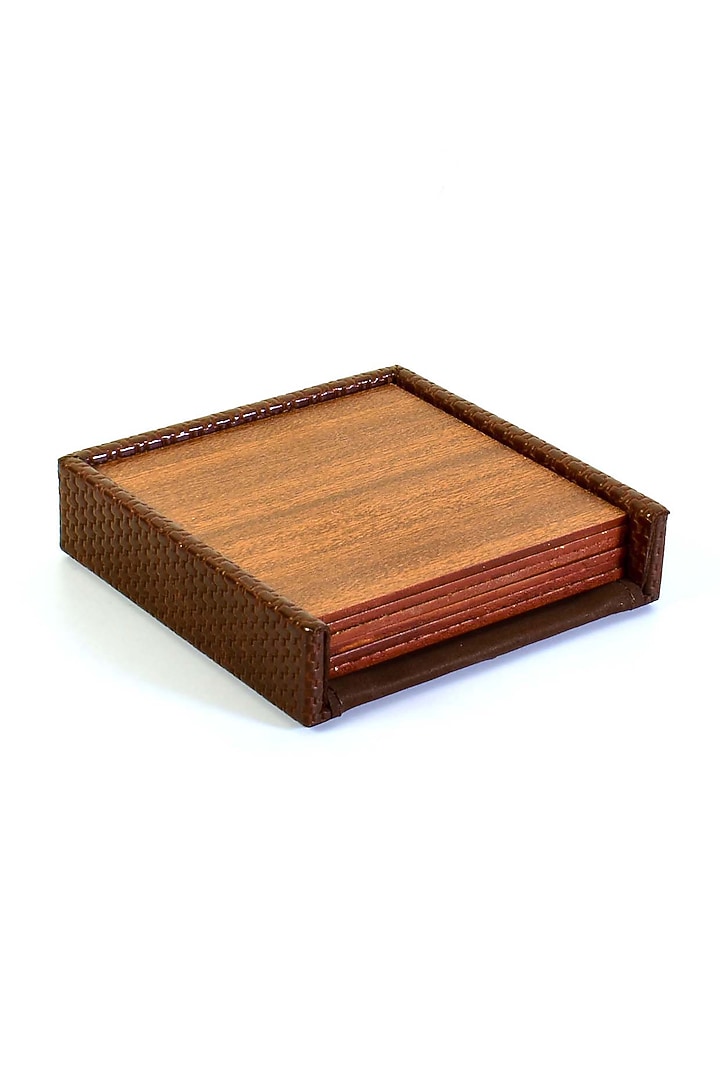 Brown Faux Leather & Wood Square Coaster (Set of 6) by ICHKAN at Pernia's Pop Up Shop