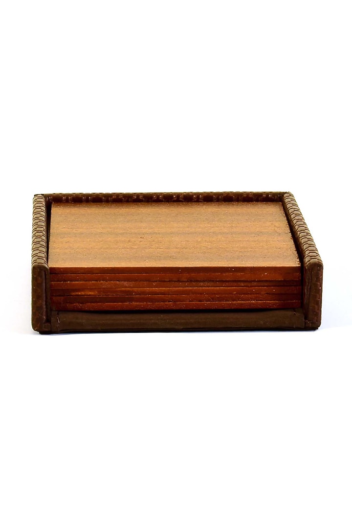 Brown Faux Leather & Wood Square Coaster (Set of 6) by ICHKAN at Pernia's Pop Up Shop