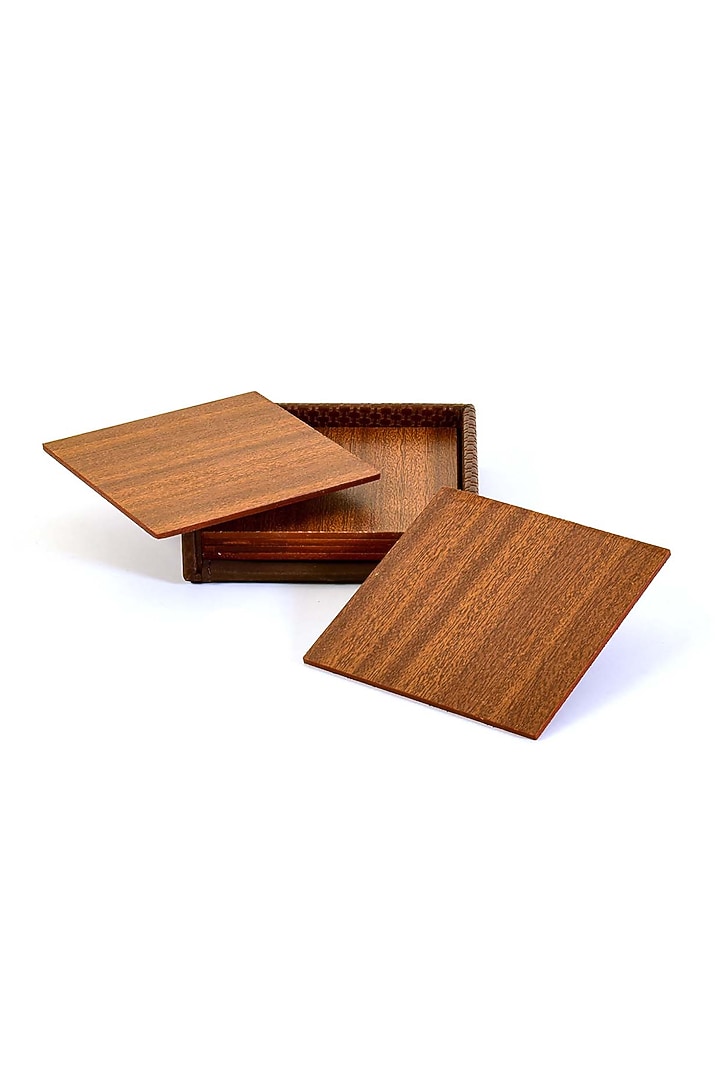 Brown Faux Leather & Wood Square Coaster (Set of 6) by ICHKAN at Pernia's Pop Up Shop