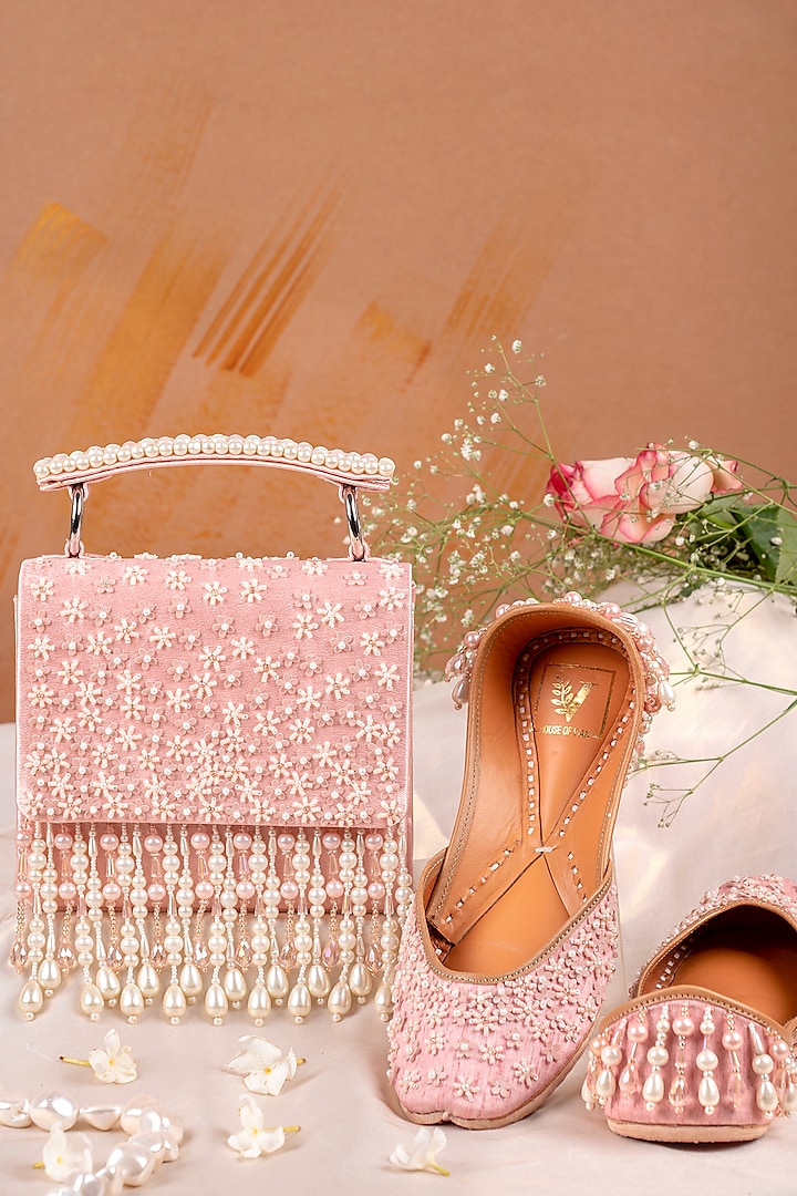 Pink Textured Satin Embroidered Juttis & Clutch Set by House of Vian