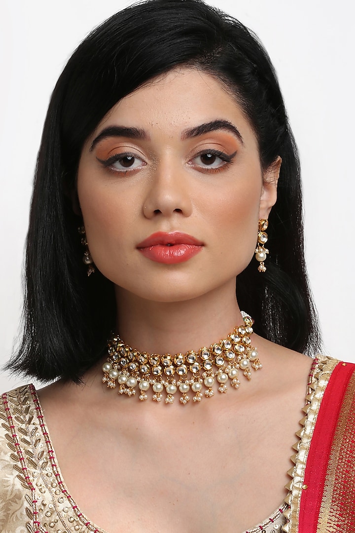 Gold Finish Kundan Polki & Pearl Choker Necklace Set by Ruby Raang at Pernia's Pop Up Shop