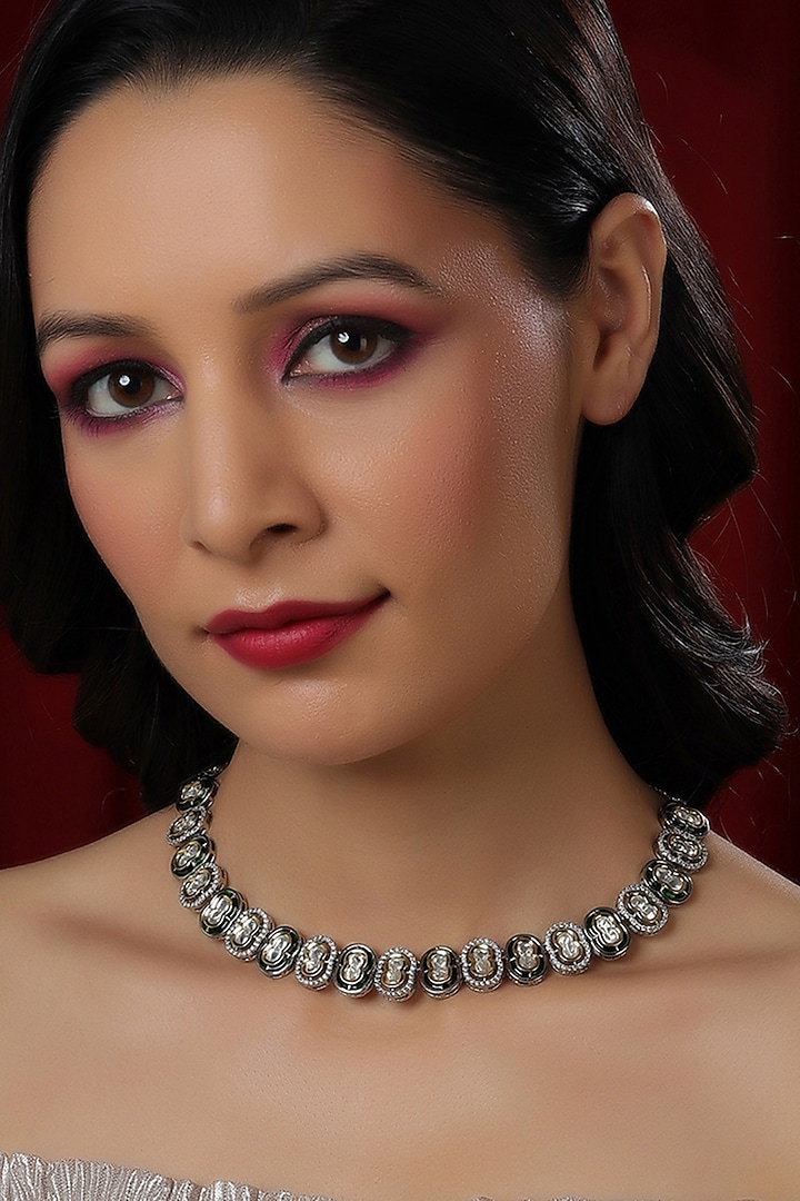 White Finish Kundan Polki & American Diamond Meenakari Necklace In Sterling Silver by Ruby Raang