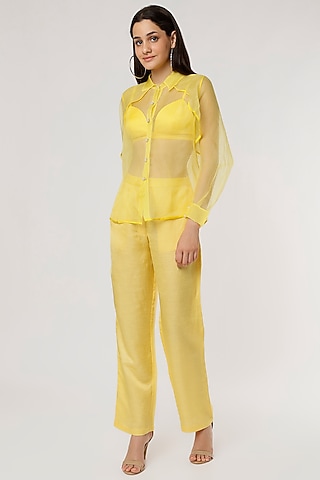 Yellow Linen Satin Pants by Ruchi Soni