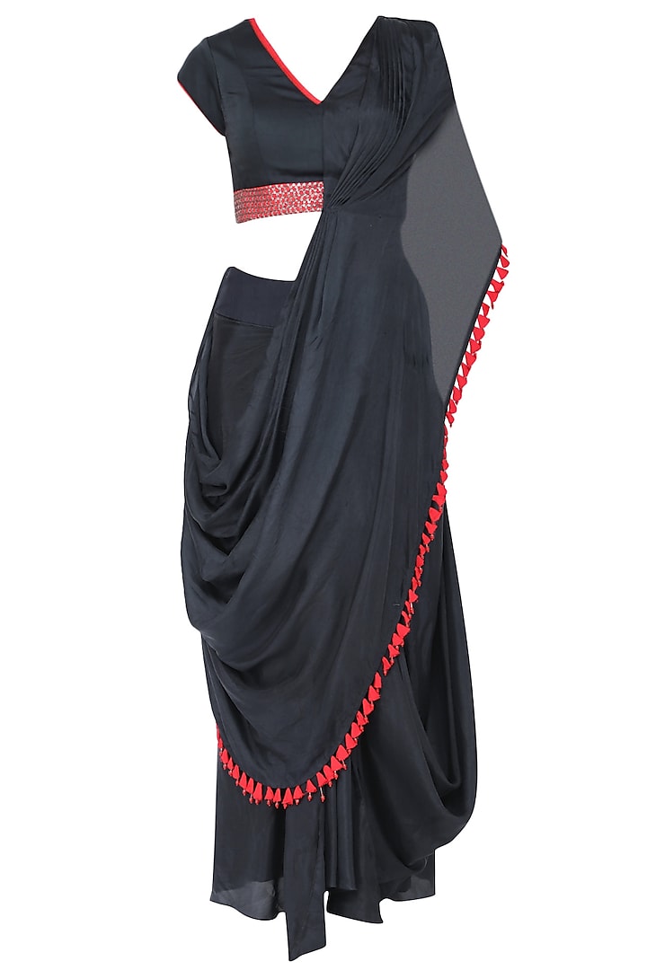Navy blue embroidered drape saree set by Ruceru Couture